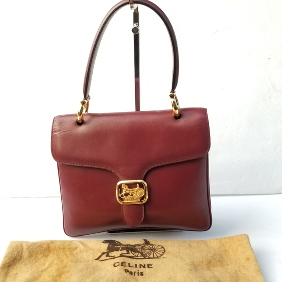 CELINE Vintage Rare Horse Carriage Burgundy Red Leather Top handle Classic Purse - Picture 6 of 16